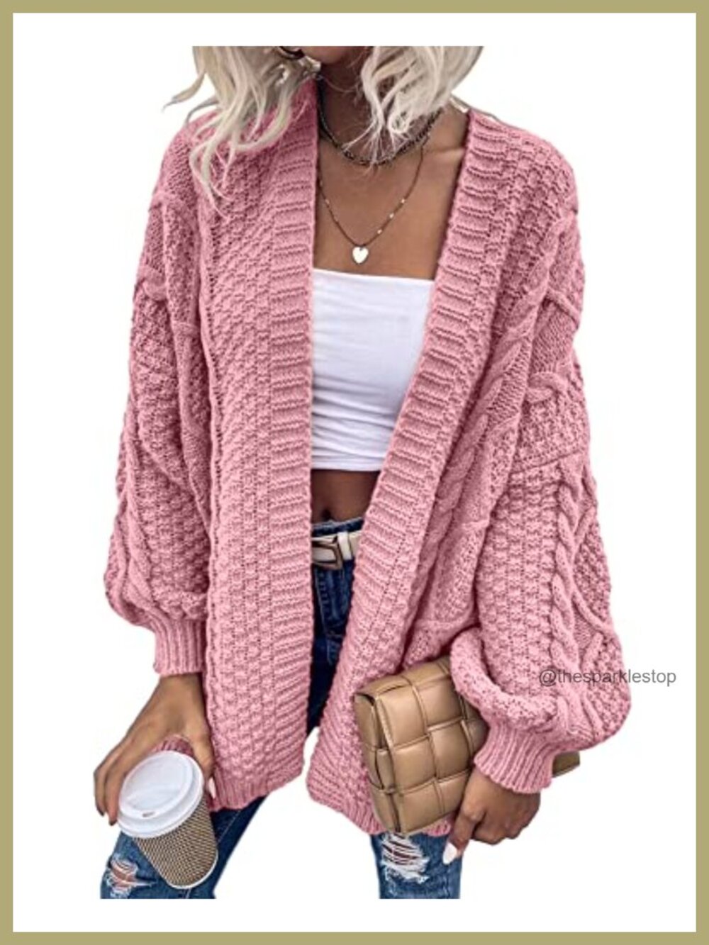 Oversized Cable Knit Long Sleeve Lantern Cardigan Sweater Pullover